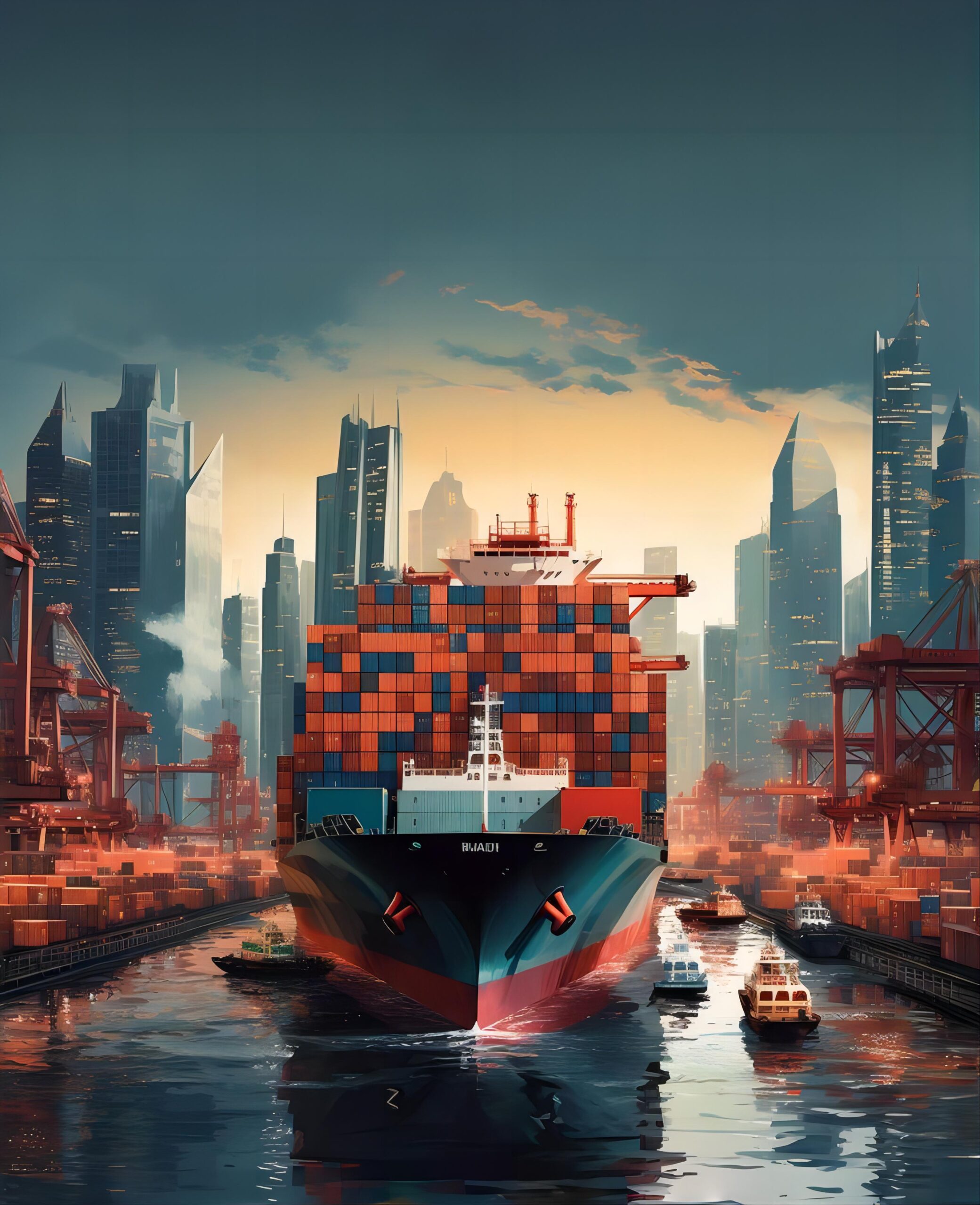 Large container ship transporting cargo from China to the Netherlands